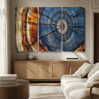10583-MGV-CV-36X24-Tree Ring Wall Art – Abstract Wood Grain Canvas Print with Blue and Brown Tones, Nature Inspired Rustic Artwork for Living Room,