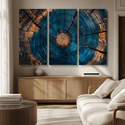 13398-MGV-CV-48X32-3P-Tree Ring Wall Art – Abstract Wood Grain Canvas Print with Blue and Orange Accents, Rustic Nature Inspired Artwork for Living
