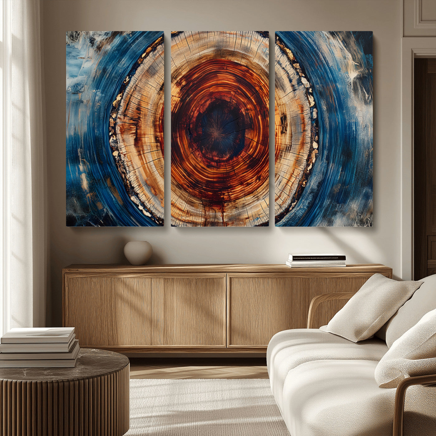 90395-MGV-CV-36X24-Tree Ring Wall Art – Abstract Wood Grain Canvas Print with Fiery Red and Blue Tones, Bold Rustic Nature Inspired Artwork Decor for