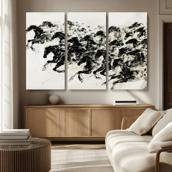 23069-MGV-CV-36X24-Galloping Horses Wall Art – Black Ink Painting on Canvas, Dynamic Equestrian Artwork with Running Stallions, Expressive Modern