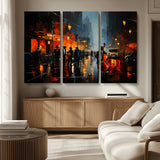 46538-MGV-CV-48X32-3P-Urban Jazz Night Wall Art – Dramatic Music Canvas Print with Double Bass and Street Musicians, Modern City Scene Artwork for