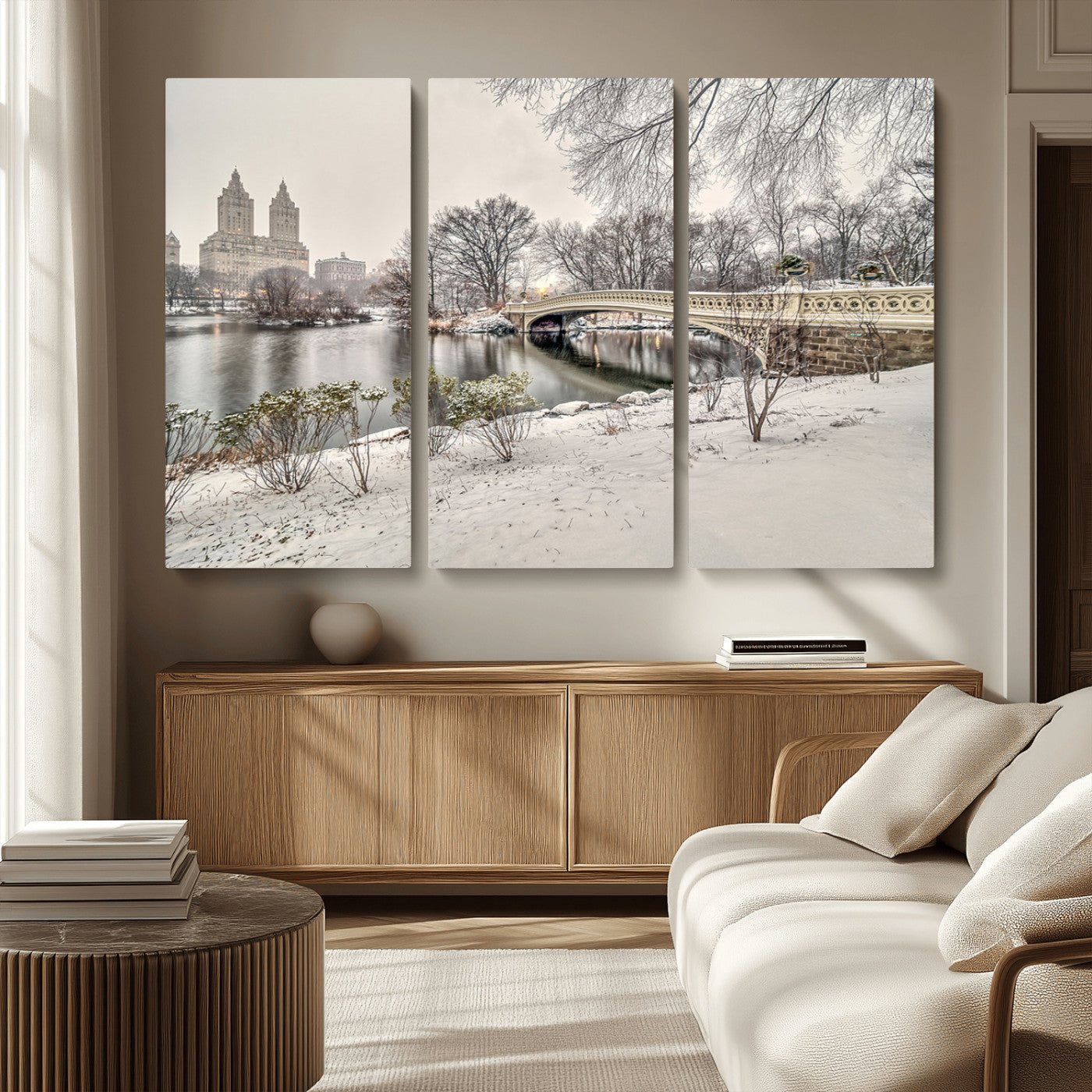 60292-MGV-CV-36X24-Central Park Winter Wall Art – Snowy Bow Bridge Canvas Print, Scenic New York City Landscape Photography for Living Room, Bedroom