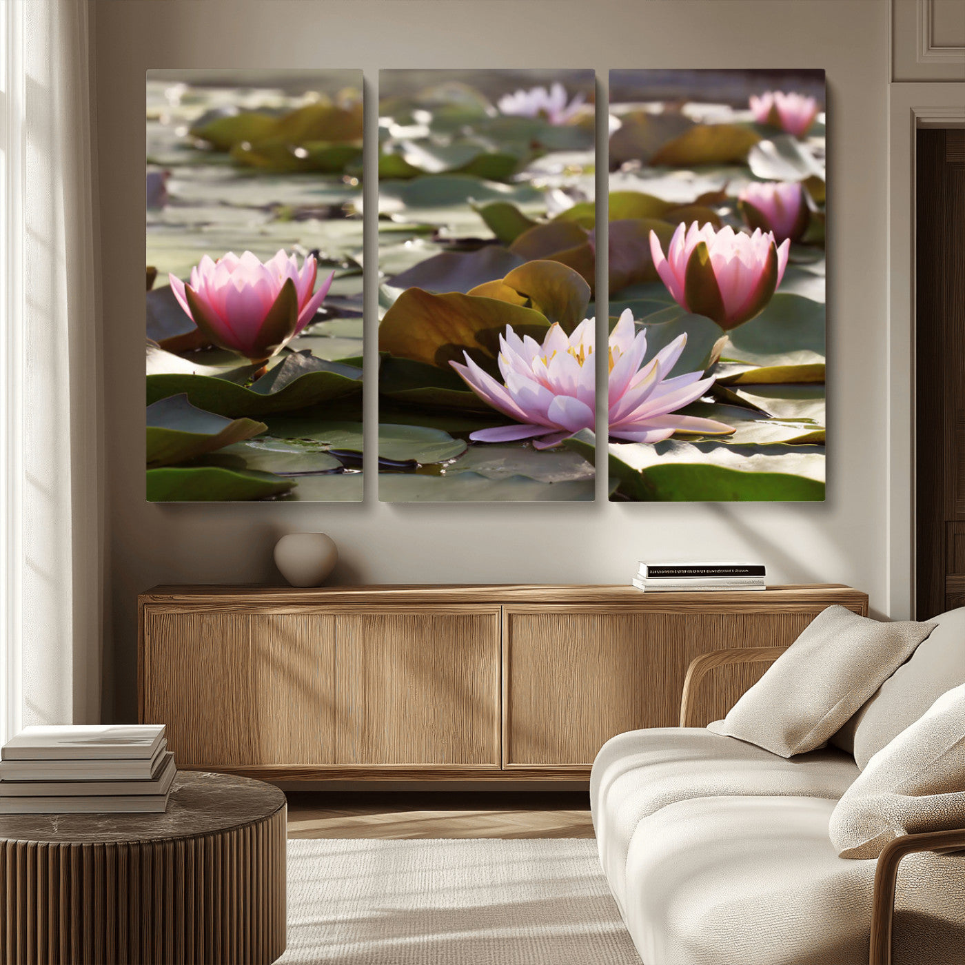 72218-MGV-CV-36X24-Water Lily Pond Wall Art – Pink Lotus Flowers Canvas Print with Green Lily Pads, Peaceful Botanical Artwork for Living Room,