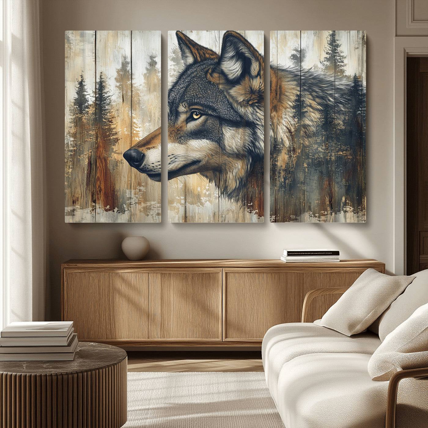 91882-MGV-CV-36X24-Wolf Wall Art – Rustic Canvas Print of Forest Wolf on Wood Background, Wildlife Lodge Artwork for Living Room, Bedroom, Cabin, or