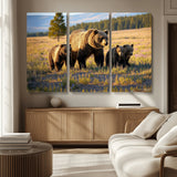 43400-MGV-CV-36X24-Bear Family Wall Art – Wildlife Canvas Print of Mother Bear with Cubs in Sunlit Meadow, Rustic Animal Artwork for Living Room,