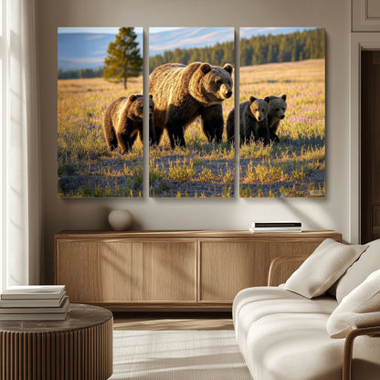 43400-MGV-CV-36X24-Bear Family Wall Art – Wildlife Canvas Print of Mother Bear with Cubs in Sunlit Meadow, Rustic Animal Artwork for Living Room,