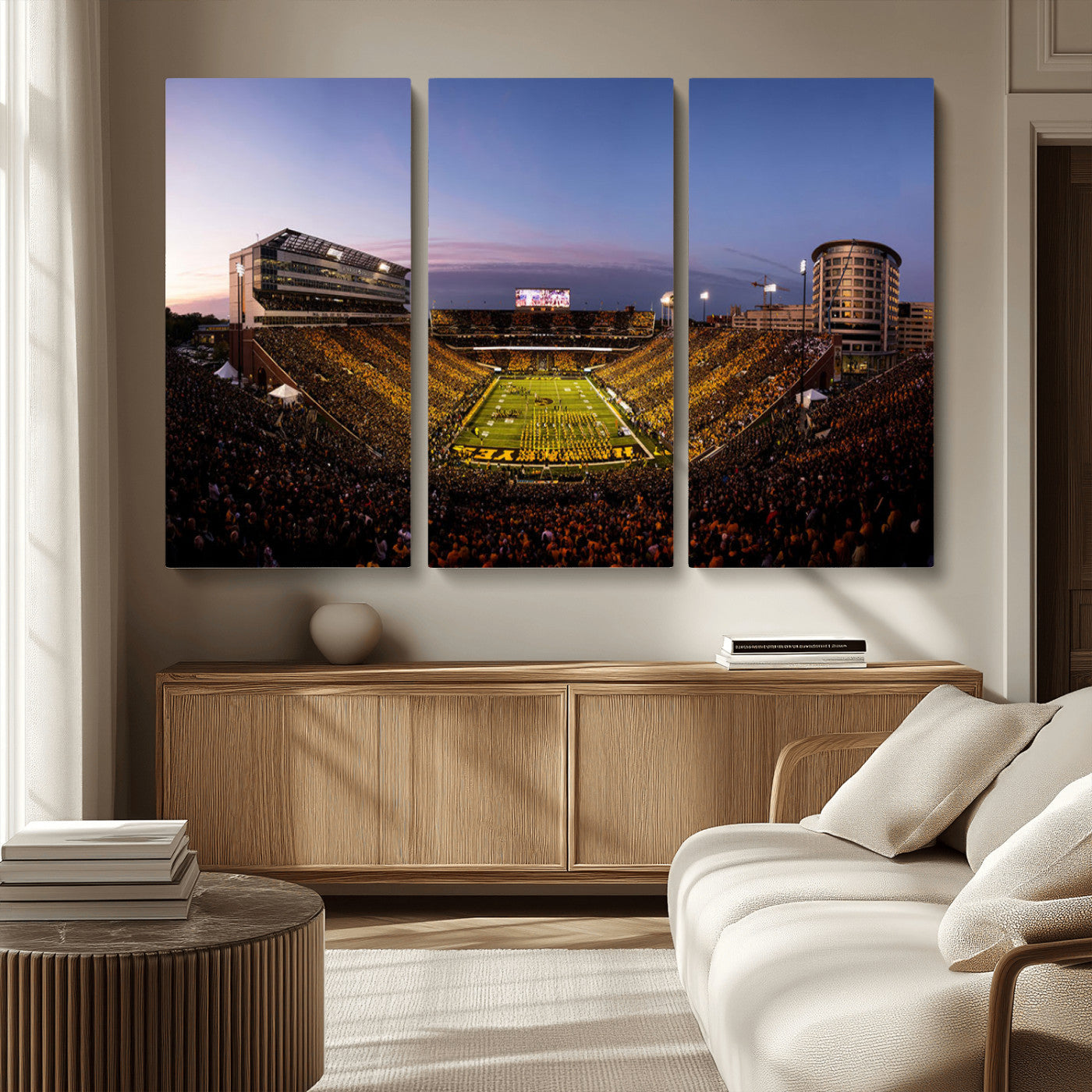 82557-MGV-CV-36X24-College Football Stadium Wall Art – Panoramic Sunset Canvas Print with Marching Band and Game Day Crowd, Sports Artwork for Man