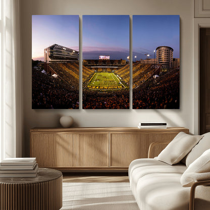 82557-MGV-CV-36X24-College Football Stadium Wall Art – Panoramic Sunset Canvas Print with Marching Band and Game Day Crowd, Sports Artwork for Man