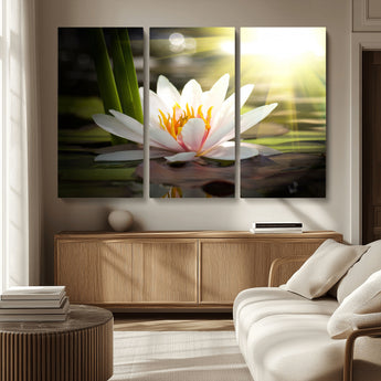 60352-MGV-CV-36X24-White Water Lily Wall Art – Lotus Flower Canvas Print with Sunlight Reflection, Peaceful Botanical Artwork for Living Room,