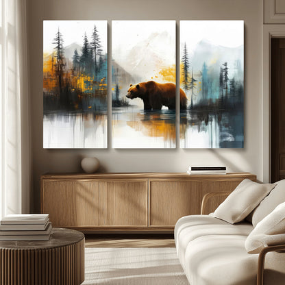 50308-MGV-CV-36X24-Abstract Rustic Bear Wall Art – Forest and Mountain Scene Canvas Print, Nature Artwork for Modern Farmhouse or Log Cabin Decor