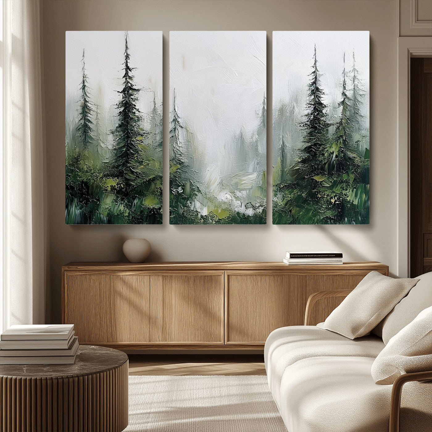 76014-MGV-CV-36X24-Forest Wall Art – Textured Canvas Print Featuring Misty Evergreen Pines and Woodland Landscape, Rustic Nature Artwork for Living