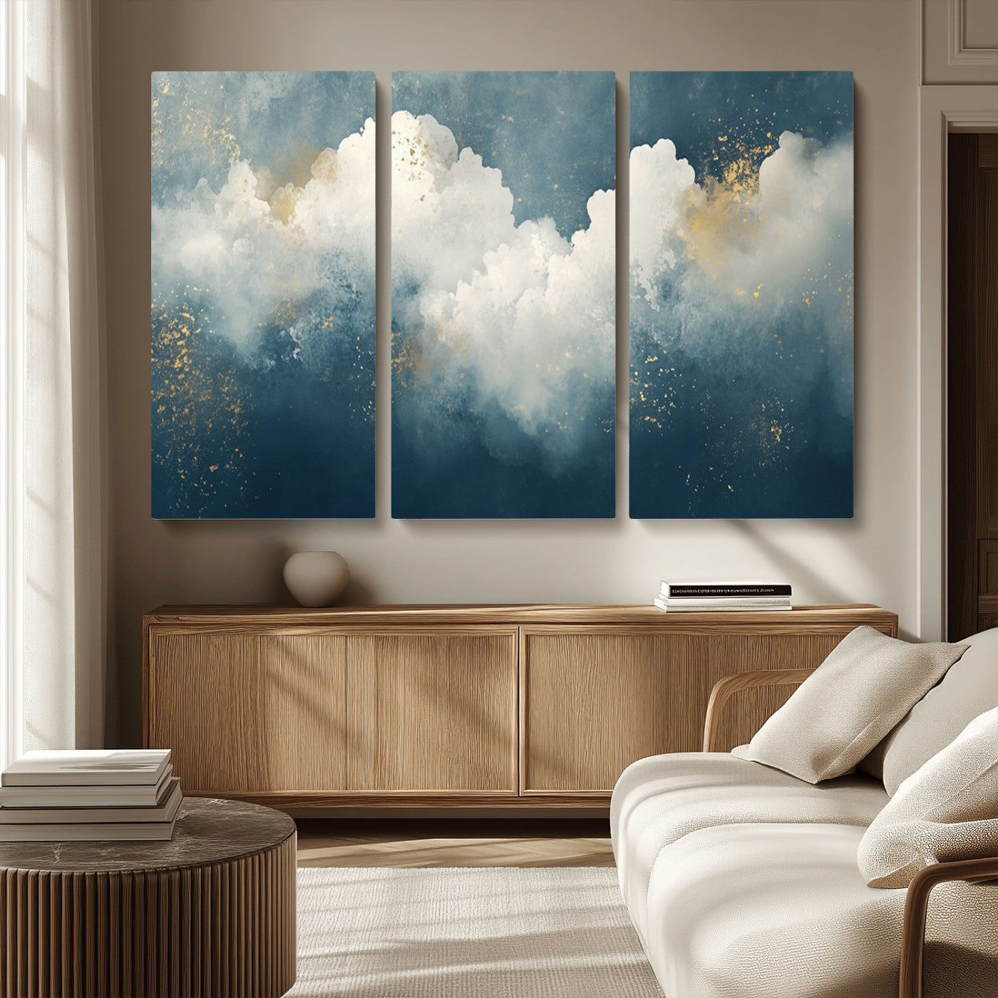 75131-MGV-CV-36X24-Abstract Cloud Wall Art – Modern Canvas Print Featuring Blue and White Clouds with Golden Accents, Contemporary Artwork for Living