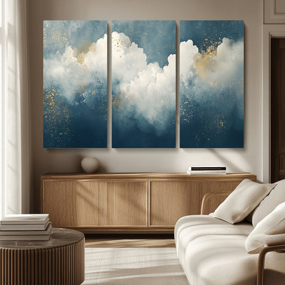 75131-MGV-CV-36X24-Abstract Cloud Wall Art – Modern Canvas Print Featuring Blue and White Clouds with Golden Accents, Contemporary Artwork for Living