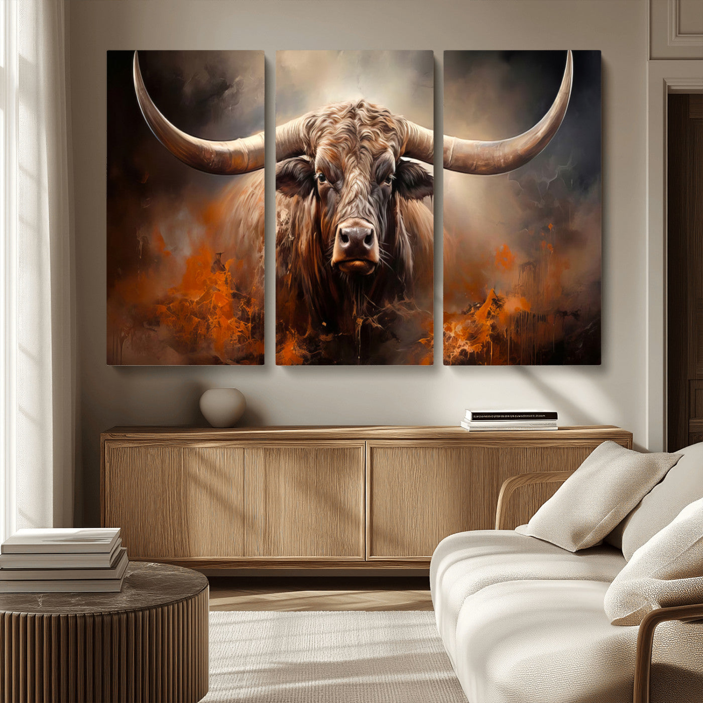 240479-MGV-CV-36X24-Longhorn Bull Wall Art – Dramatic Western Canvas Print Featuring Horned Bull with Fiery Background, Rustic Farmhouse Artwork for