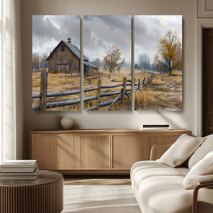 Farm1-MGV-CV-36X24-Rustic Autumn Farmhouse Wall Art – Serene Countryside Scene Canvas Print, Weathered Barn and Autumn Trees Decor for Living Room,