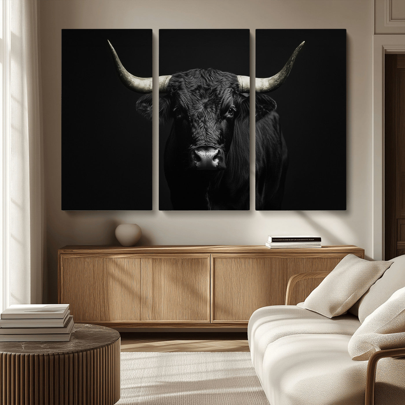 97914921-MGV-CV-36X24-Black Bull Wall Art Canvas Print, Framed Longhorn Bull Art Picture Print, Western Bull Perfect Monochrome Western Decor Artwork