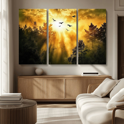 13776802-MGV-CV-36X24-Golden Forest Wall Art Canvas Print, Framed Sunset Pines Art Picture Print, Flying Birds Perfect Nature Glow Decor Artwork