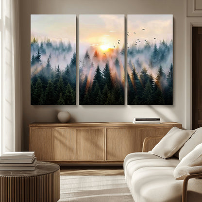 56391411-MGV-CV-36X24-Misty Forest Wall Art Canvas Print, Framed Sunrise Pines Art Picture Print, Moody Pines Perfect Serene Woodland Decor Artwork