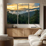 68082278-MGV-CV-36X24-Mountain Sunrise Wall Art Canvas Print, Framed Pine Forest Art Picture Print, Misty Mountains Perfect Earthy Woodland Decor