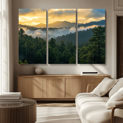 68082278-MGV-CV-36X24-Mountain Sunrise Wall Art Canvas Print, Framed Pine Forest Art Picture Print, Misty Mountains Perfect Earthy Woodland Decor