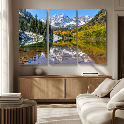 87724099-MGV-CV-36X24-Maroon Bells Wall Art Canvas Print, Framed Snowy Mountains Art Picture Print, Pine Forest Perfect Vibrant Alpine Decor Artwork