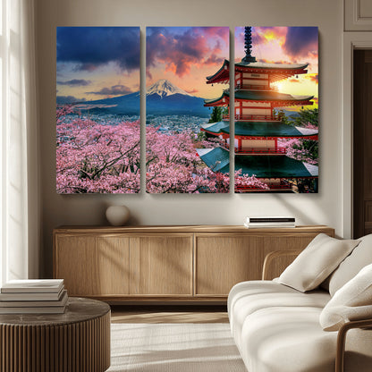 32331262-MGV-CV-36X24-Mount Fuji Japan Wall Art – Cherry Blossom Landscape Canvas Print, Chureito Pagoda Sunset Photography, Japanese Nature Travel