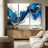 33506371-MGV-CV-36X24-Blue Marble Wall Art Canvas Print, Framed Gold Splash Art Picture Print, Abstract Wave Perfect Modern Luxe Decor Artwork