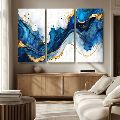 33506371-MGV-CV-36X24-Blue Marble Wall Art Canvas Print, Framed Gold Splash Art Picture Print, Abstract Wave Perfect Modern Luxe Decor Artwork