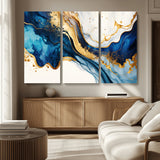 60283636-MGV-CV-36X24-Blue Gold Flow Wall Art Canvas Print, Framed Marble Texture Art Picture Print, Elegant Splash Perfect Elegant Abstract Decor