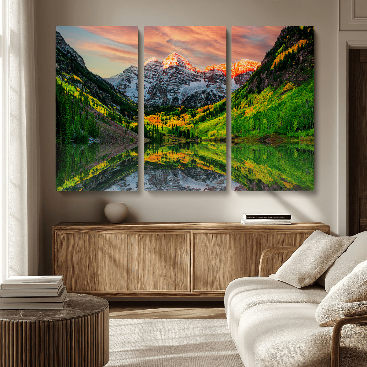 59533484-MGV-CV-36X24-Maroon Bells Autumn Wall Art – Panoramic Mountain Landscape Canvas Print, Sunset Reflection Nature Artwork for Living Room, Office