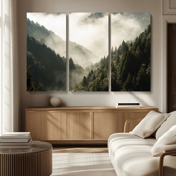 57570237-MGV-CV-36X24-Misty Valley Wall Art Canvas Print, Framed Foggy Forest Art Picture Print, Pine Trees Perfect Moody Woodland Decor Artwork