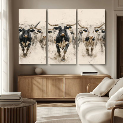 61538944-MGV-CV-36X24-Texas Longhorn Wall Art Canvas Print, Framed Cattles Walking Art Picture Print, Black White Bulls Perfect Rustic Western Decor