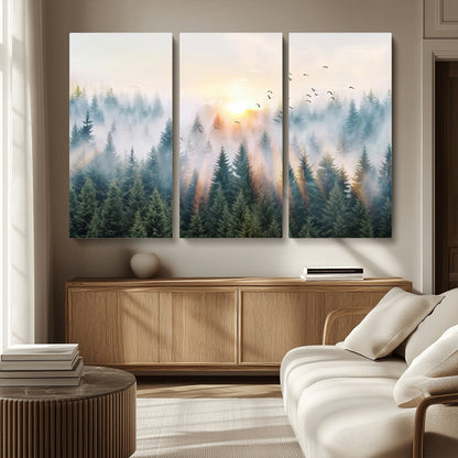 92718976-MGV-CV-36X24-Misty Forest Wall Art Canvas Print, Framed Sunrise Pines Art Picture Print, Foggy Woodland Perfect Moody Woodland Decor Artwork