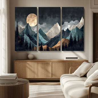 11060882-MGV-CV-36X24-Moonlit Mountains Wall Art Canvas Print, Framed Forest Silhouette Art Picture Print, Night Landscape Perfect Modern Forest Decor