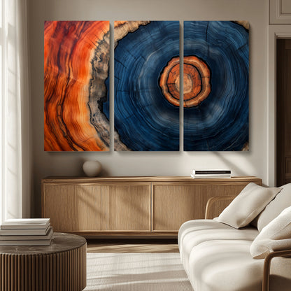 72209152-MGV-CV-36X24-Abstract Tree Ring Wall Art – Vibrant Blue Orange Wood Grain Canvas Print, Rustic Modern Nature Artwork for Living Room, Office,