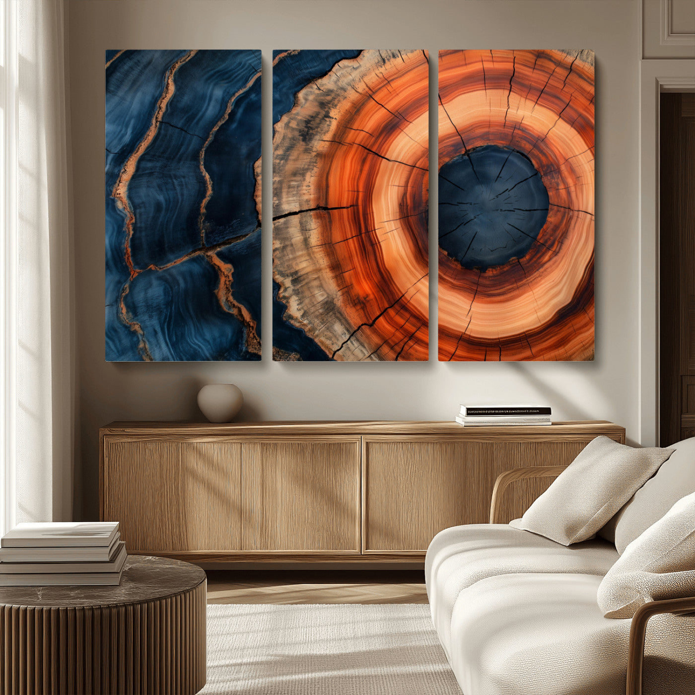 41123192-MGV-CV-36X24-Tree Ring Canvas Wall Art – Abstract Blue Orange Wood Grain Print, Rustic Modern Nature Artwork for Living Room, Bedroom, Office