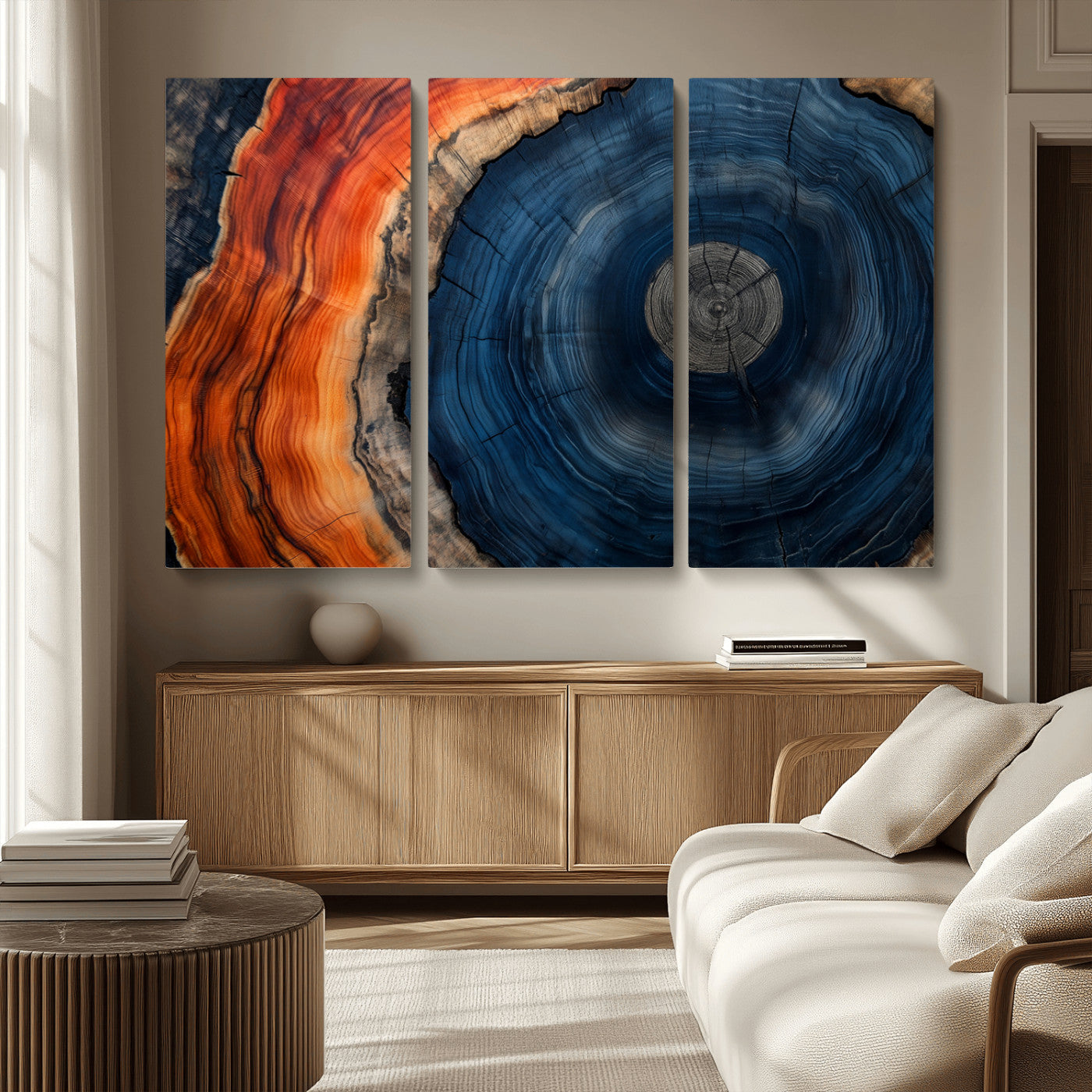 99491700-MGV-CV-36X24-Tree Ring Canvas Wall Art – Blue Orange Abstract Wood Grain Print, Rustic Modern Nature Artwork for Living Room, Office, Bedroom