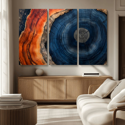 99491700-MGV-CV-36X24-Tree Ring Canvas Wall Art – Blue Orange Abstract Wood Grain Print, Rustic Modern Nature Artwork for Living Room, Office, Bedroom