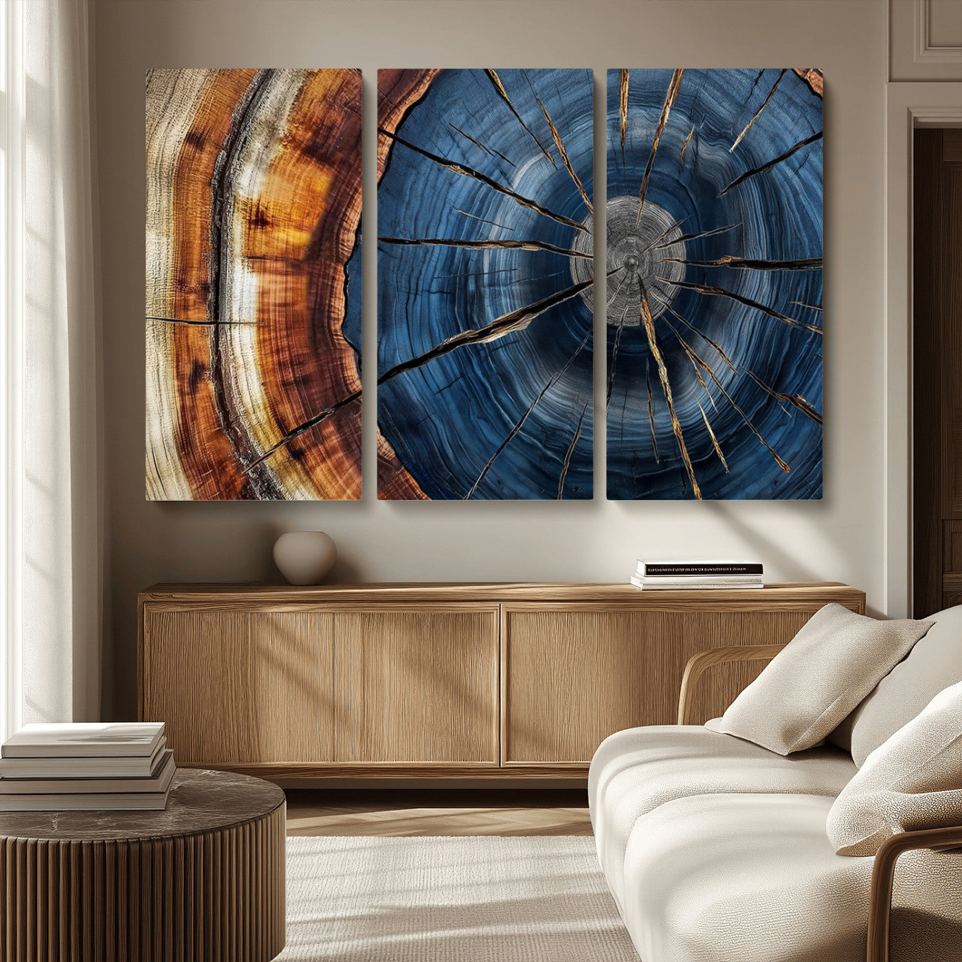 45268471-MGV-CV-36X24-Blue Tree Ring Wall Art – Rustic Wood Cross Section Canvas Print, Modern Abstract Nature Decor for Living Room, Office, or Cabin