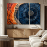 26110607-MGV-CV-36X24-Blue and Orange Tree Ring Wall Art – Abstract Wood Cross Section Canvas Print, Modern Rustic Nature Decor for Living Room, Office,