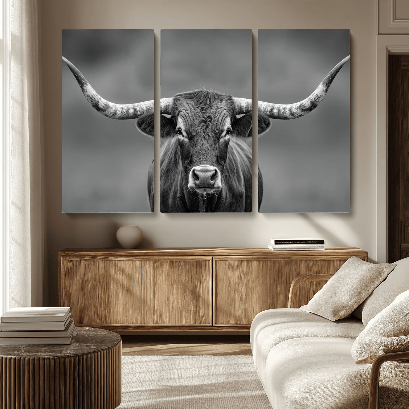 81228550-MGV-CV-36X24-Framed Texas Longhorn Bull Art Canvas Print, Western Bull Wall Art Print, Long Horn Bull Photo Print for Log Cabin, Large Bull