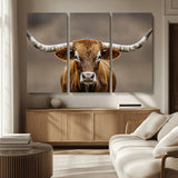 12179171-MGV-CV-36X24-Texas Longhorn Wall Art Canvas Print, Framed Brown Bull Art Picture Print, Lone Cattle Perfect Rustic Western Decor Artwork