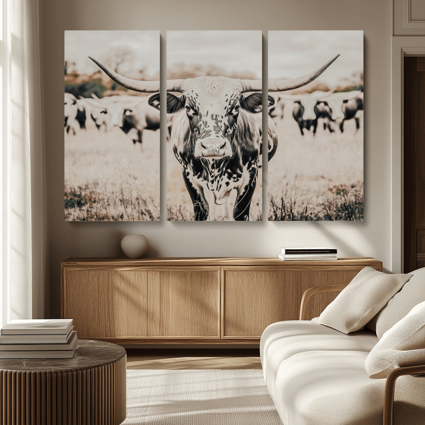 27497342-MGV-CV-36X24-Texas Longhorn Wall Art Canvas Print, Framed Speckled Cow Art Picture Print, Horned Cattle Perfect Rustic Western Decor Artwork