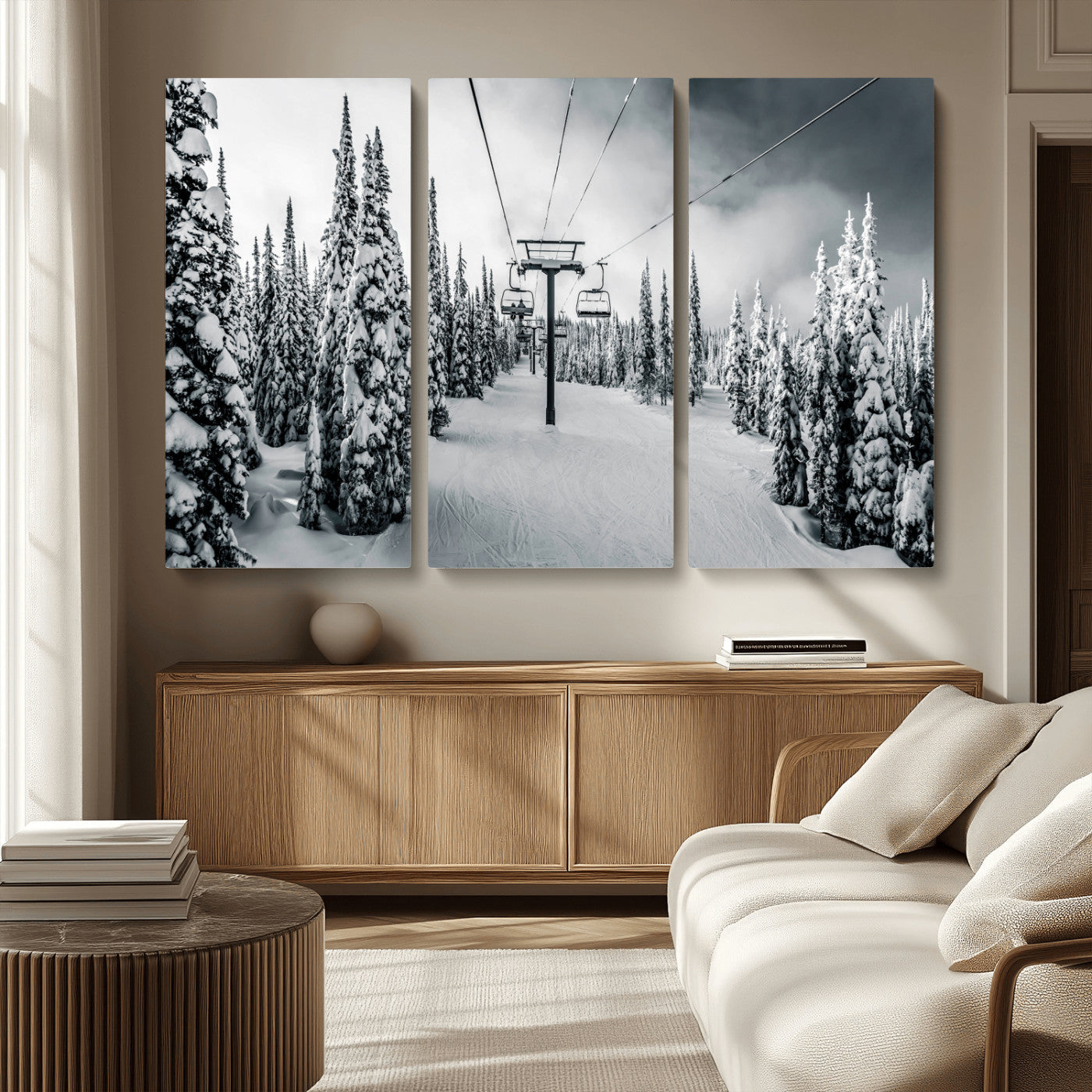 31156828-MGV-CV-36X24-Snowy Pines Wall Art Canvas Print, Framed Ski Lift Art Picture Print, Winter Forest Perfect Moody Lodge Decor Artwork