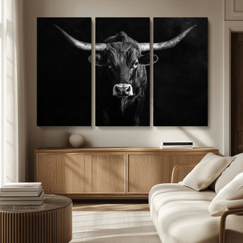 42077175-MGV-CV-36X24-Texas Longhorn Wall Art Canvas Print, Framed Monochrome Bull Art Picture Print, Horned Bull Perfect Rustic Western Decor Artwork