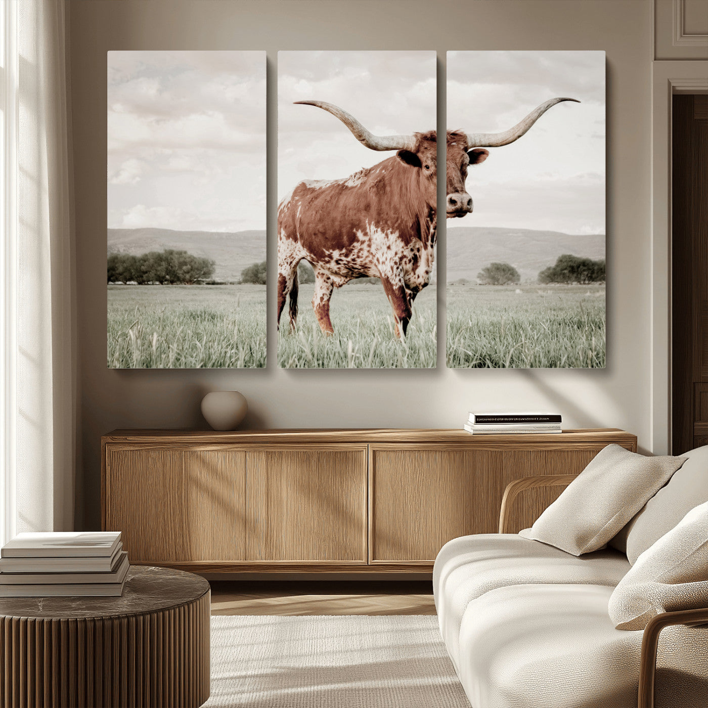 28309012-MGV-CV-36X24-Texas Longhorn Wall Art Canvas Print, Framed Spotted Cattle Art Picture Print, Horned Bull Perfect Rustic Western Decor Artwork