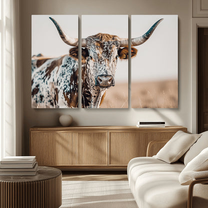 70414966-MGV-CV-36X24-Texas Longhorn Wall Art Canvas Print, Framed Speckled Cow Art Picture Print, Horned Bull Perfect Rustic Western Decor Artwork