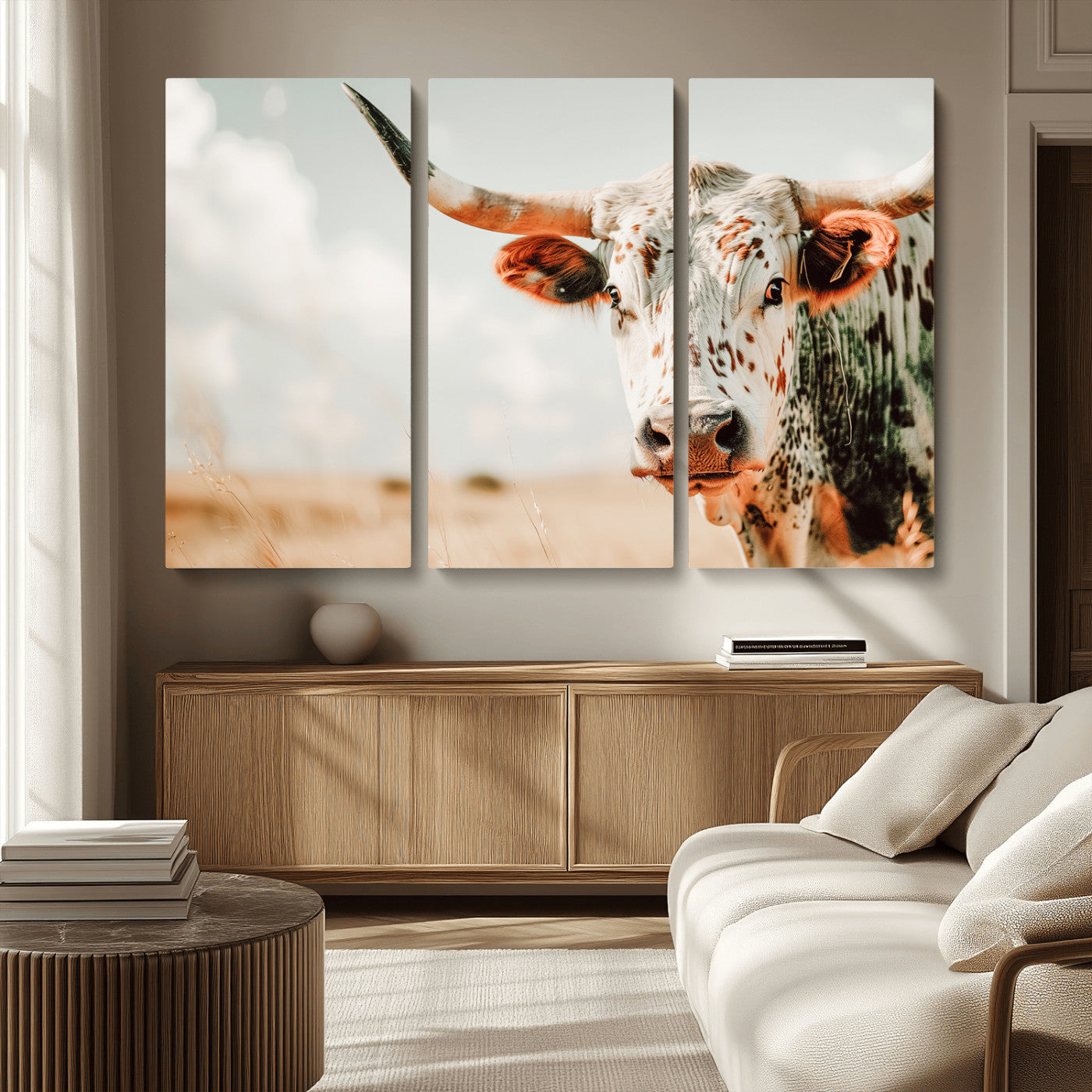 72766375-MGV-CV-36X24-Texas Longhorn Wall Art Canvas Print, Framed Spotted Cow Art Picture Print, Horned Cattle Perfect Rustic Western Decor Artwork