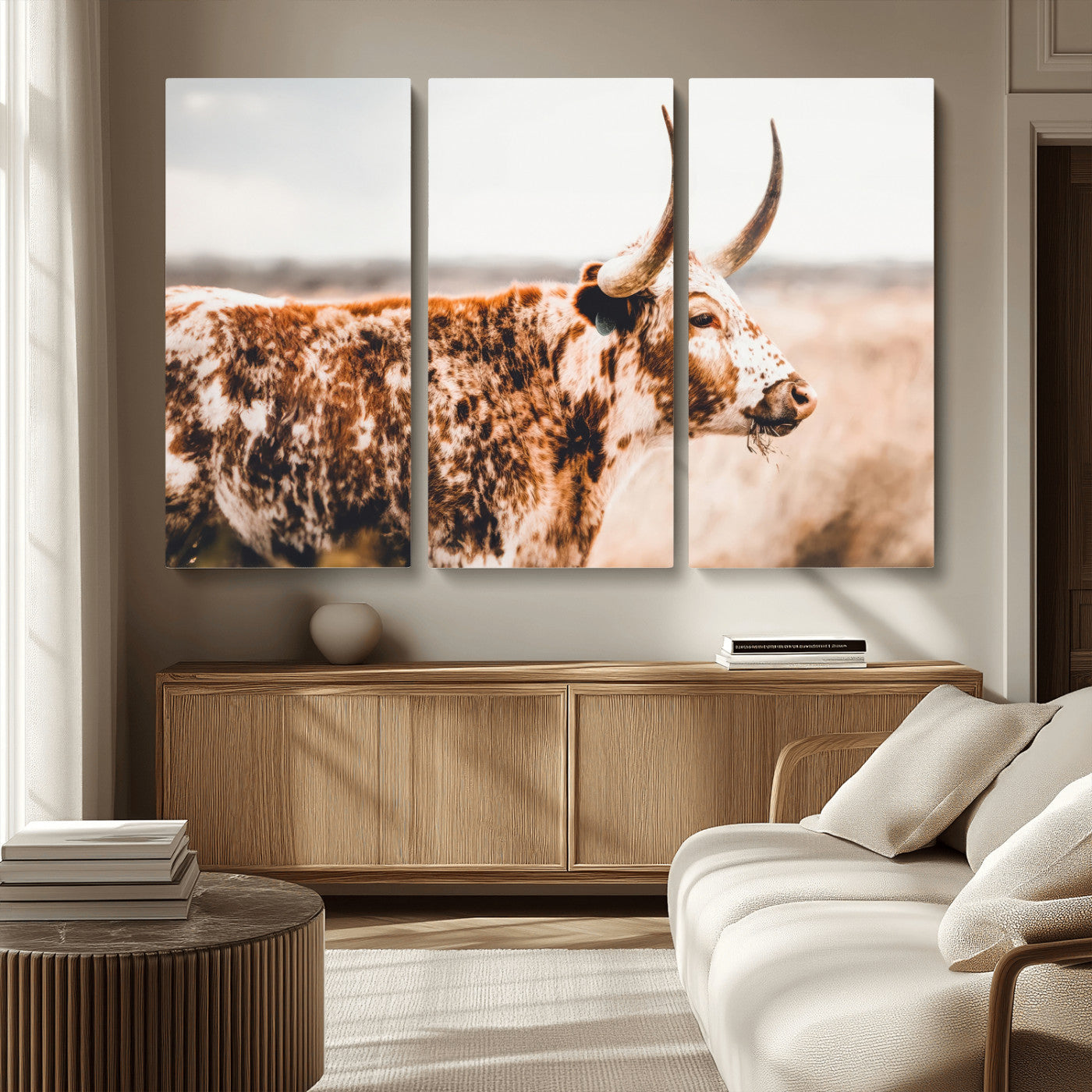 11528295-MGV-CV-36X24-Speckled Longhorn Wall Art Canvas Print, Framed Texas Cattle Art Picture Print, Horned Cow Perfect Rustic Western Decor Artwork