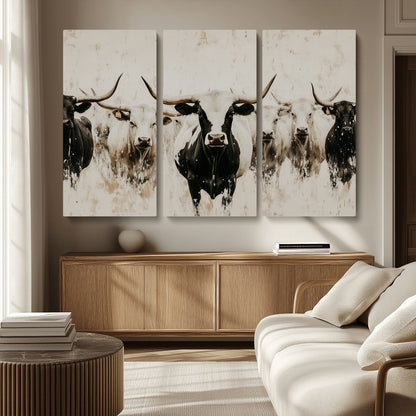 12027562-MGV-CV-36X24-Longhorn Cattle Wall Art Canvas Print, Framed Bison Herd Art Picture Print, Cattle Group Perfect Rustic Farmhouse Decor Artwork
